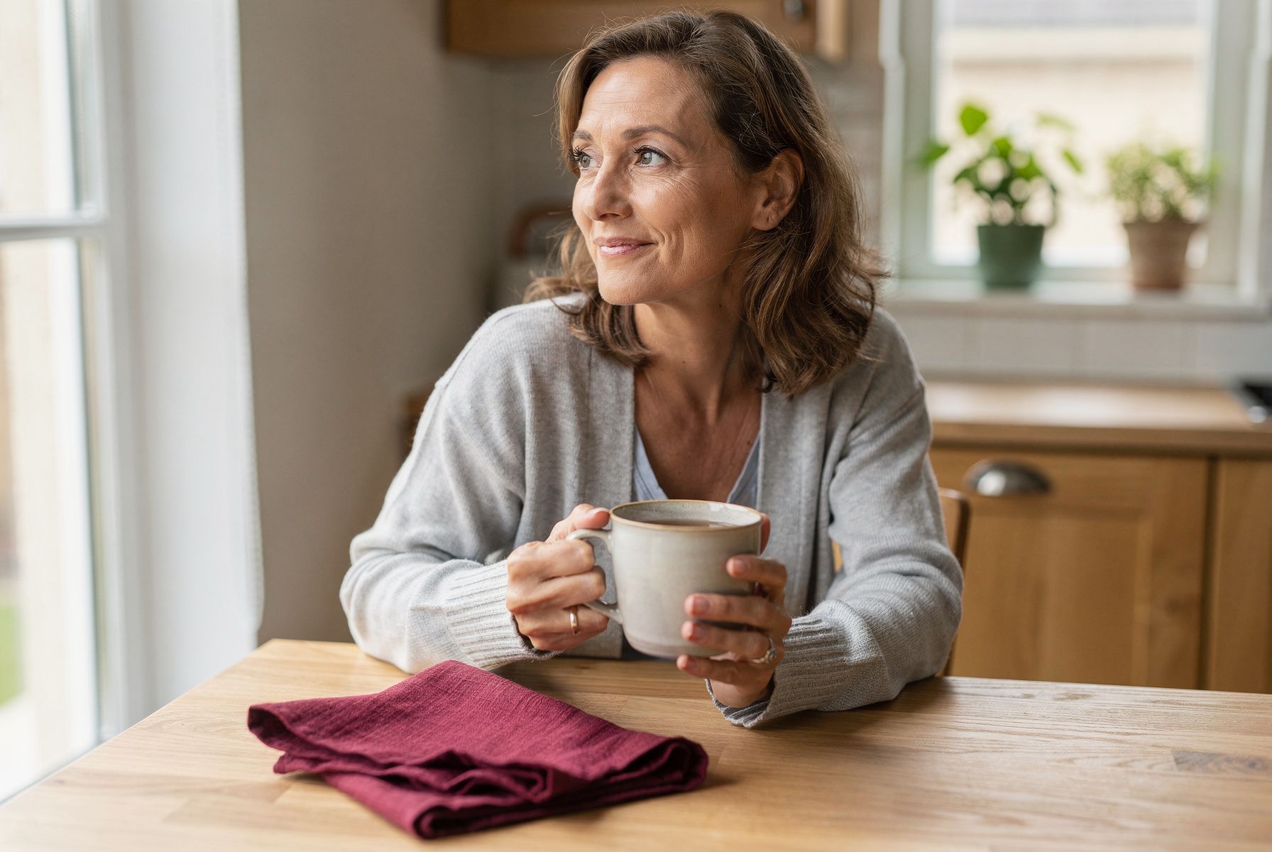 Eine Frau sitzt mit einer Tasse Tee am Küchentisch und schaut aus dem Fenster.