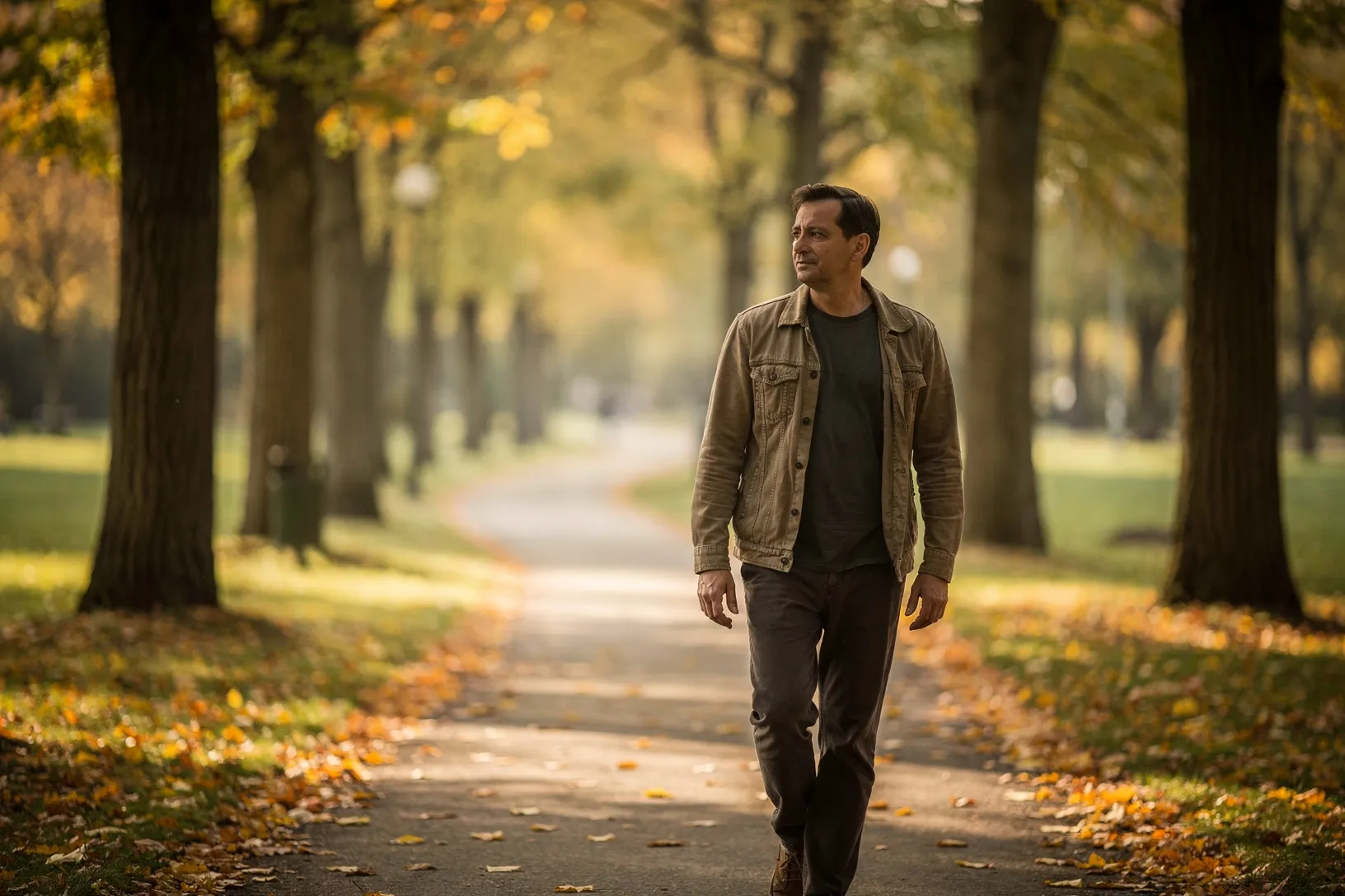 Ein Mann geht ruhig einen Parkweg im Herbst entlang.
