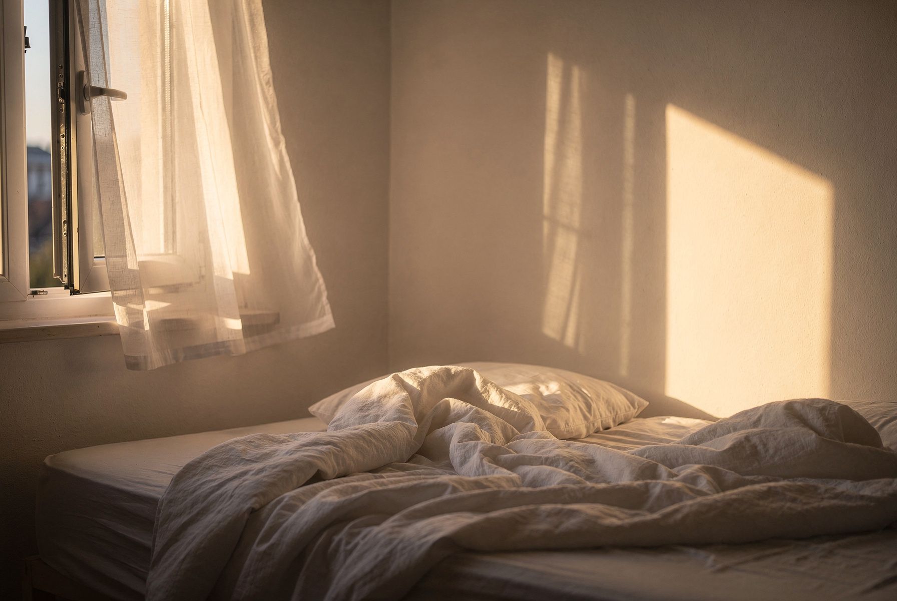 Morgenlicht fällt auf eine helle Wand und ein ungemachtes Bett, der Vorhang bewegt sich leicht.