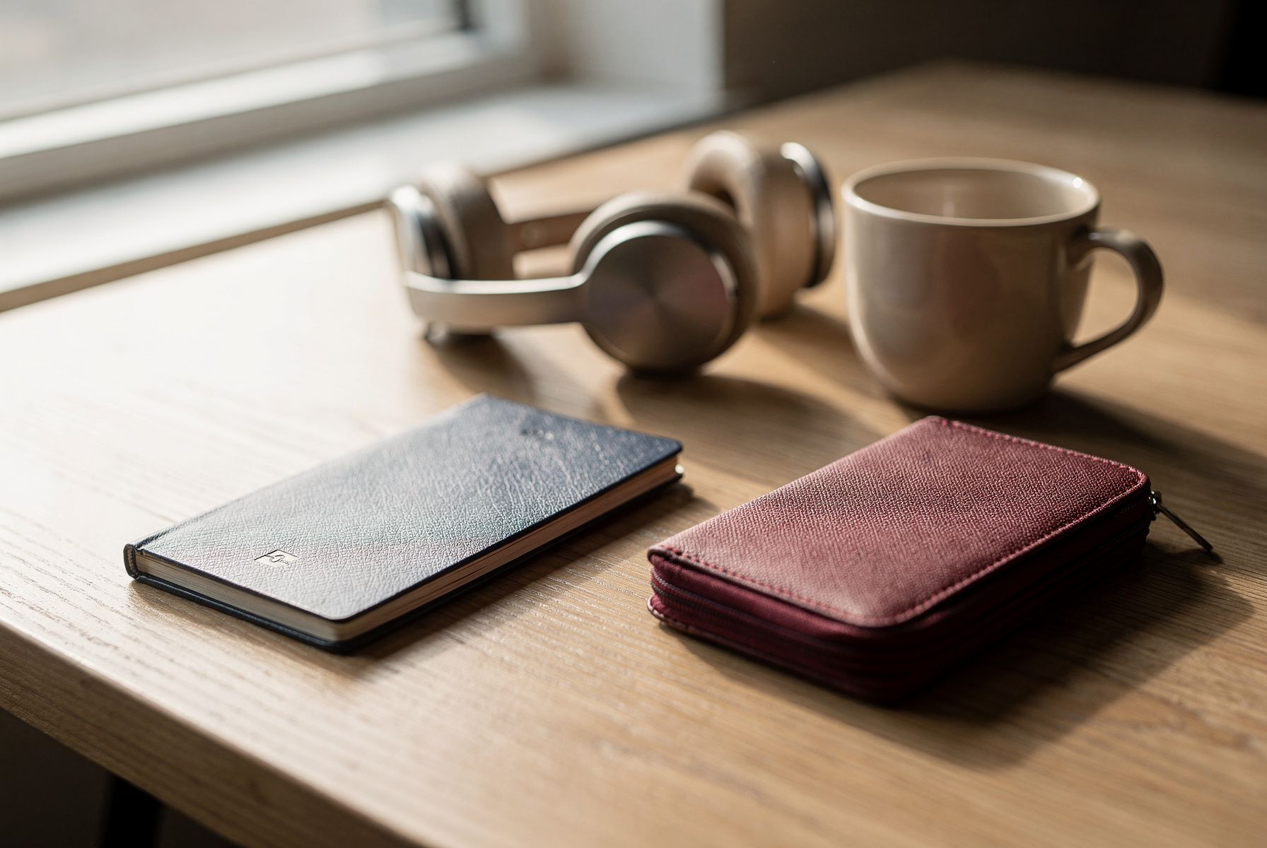 Reisepass, Kopfhörer, eine Tasche und eine Tasse auf einem hellen Holztisch.