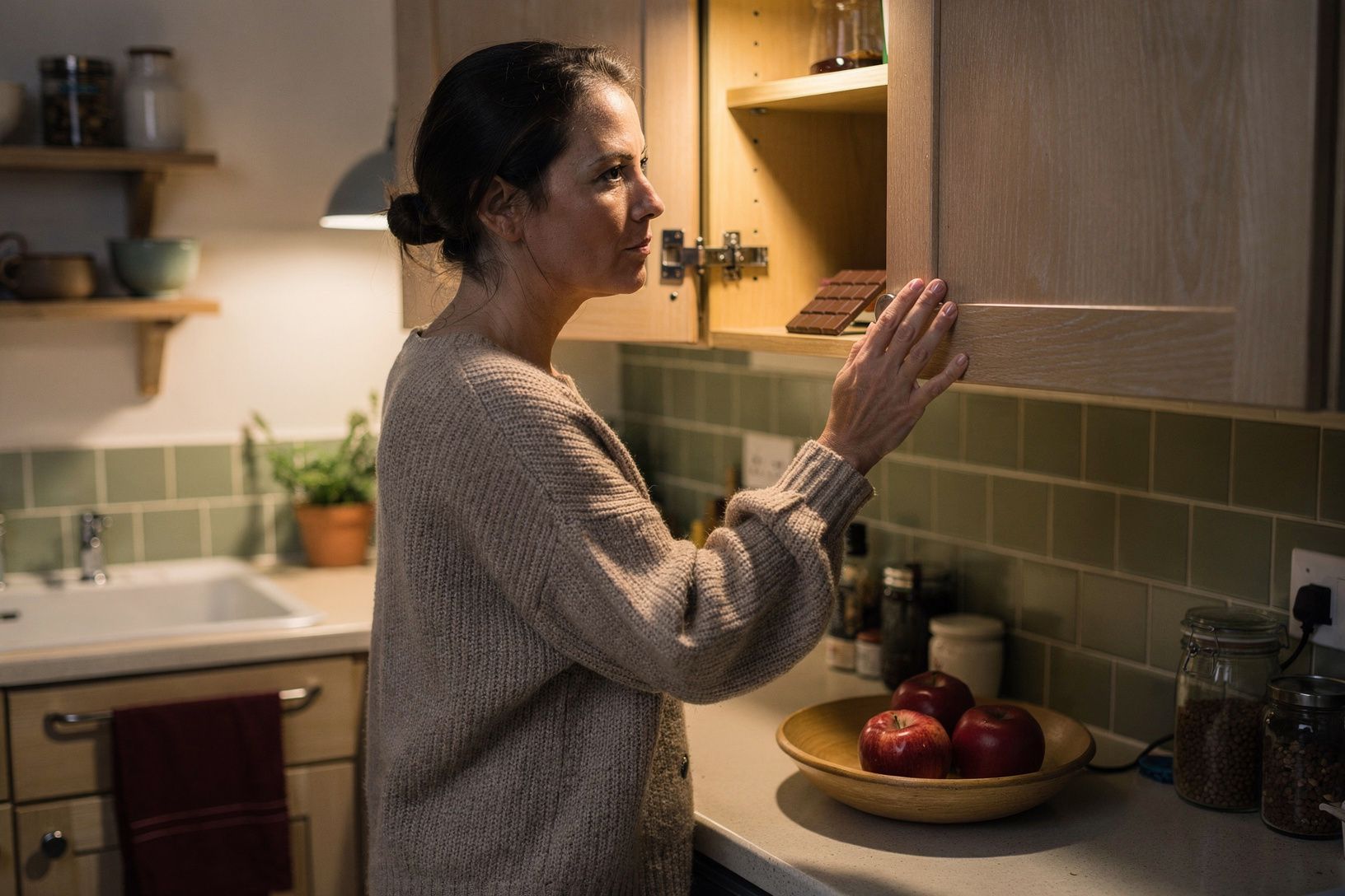 Eine Frau steht am Abend vor dem offenen Küchenschrank mit einer Tafel Schokolade und hält inne.