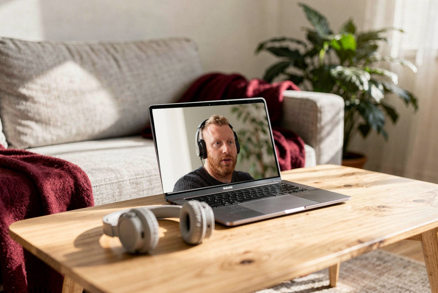 Ein Laptop auf dem Couchtisch zeigt Tommy Müller im Videocall, davor liegen Kopfhörer.