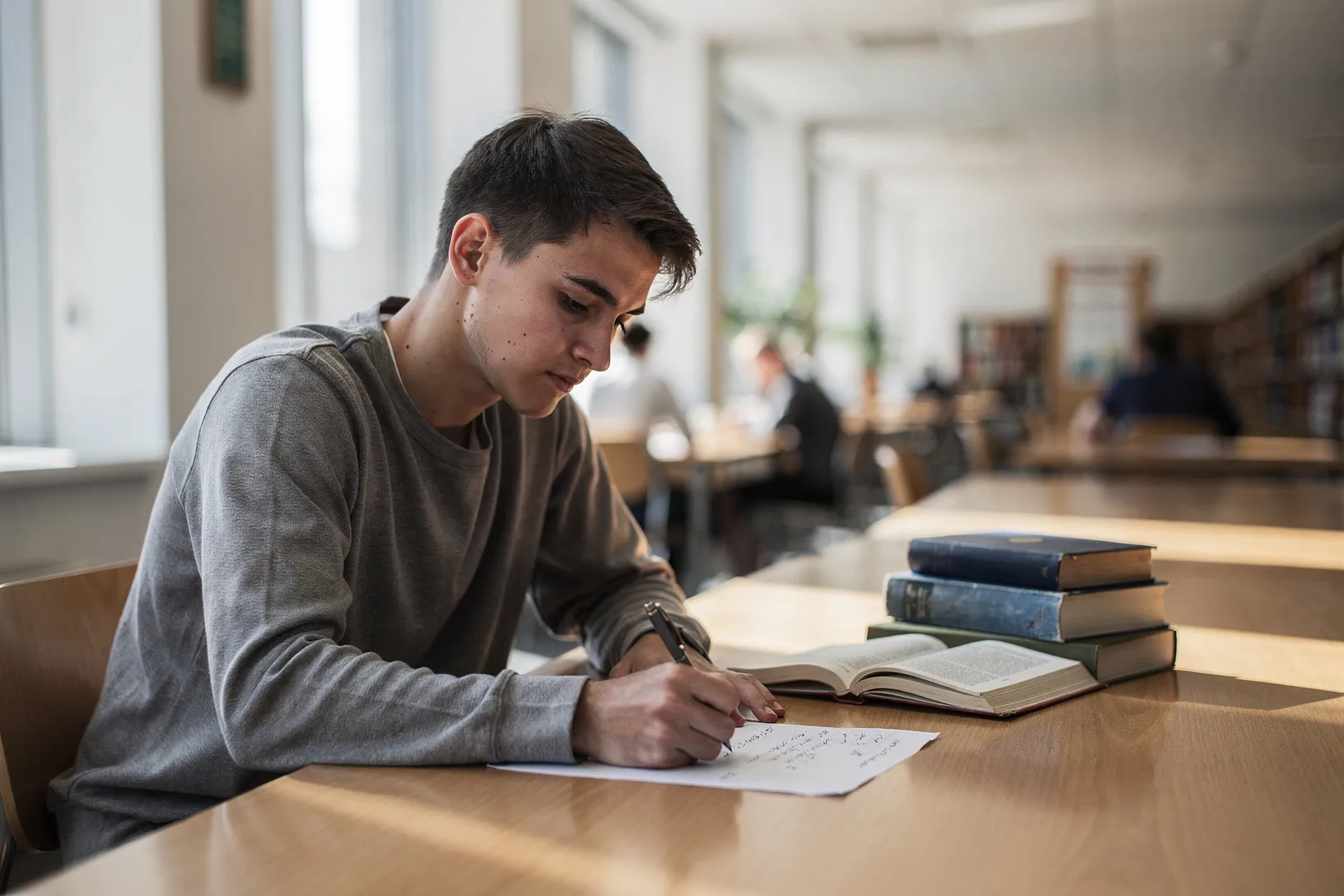 Ein Student macht sich in einer hellen Bibliothek in Ruhe Notizen.