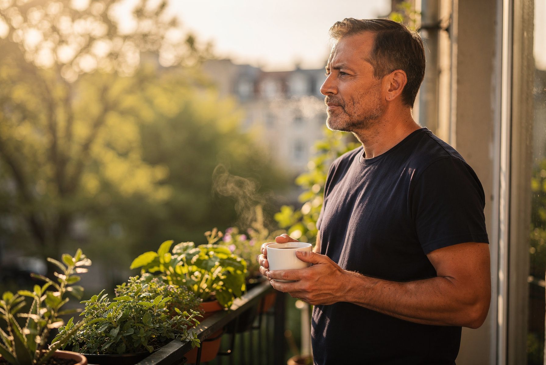 Ein Mann steht morgens mit einer Tasse auf dem Balkon und atmet ruhig aus.
