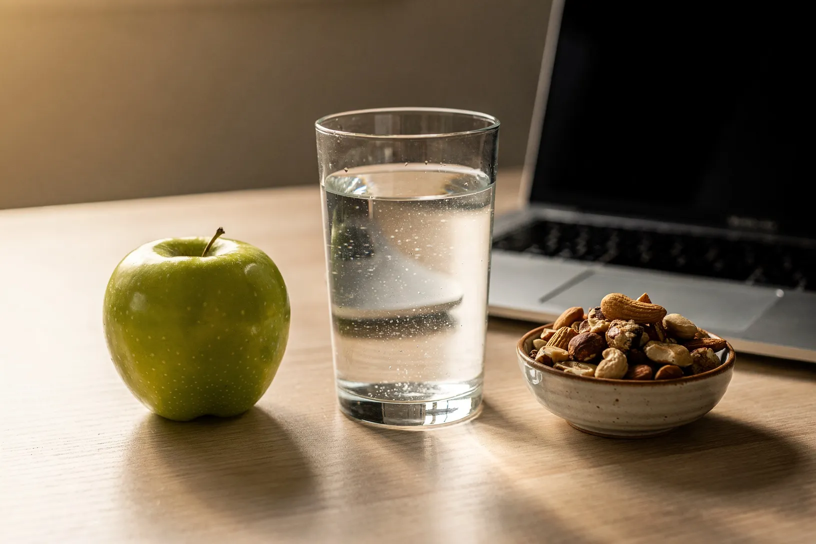 Ein Glas Wasser, ein Apfel und Nüsse auf dem Schreibtisch.