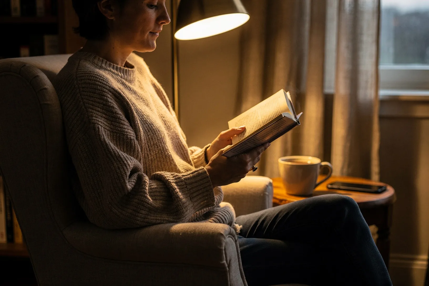 Abends im Sessel mit Buch und Tee unter einer warmen Leselampe.
