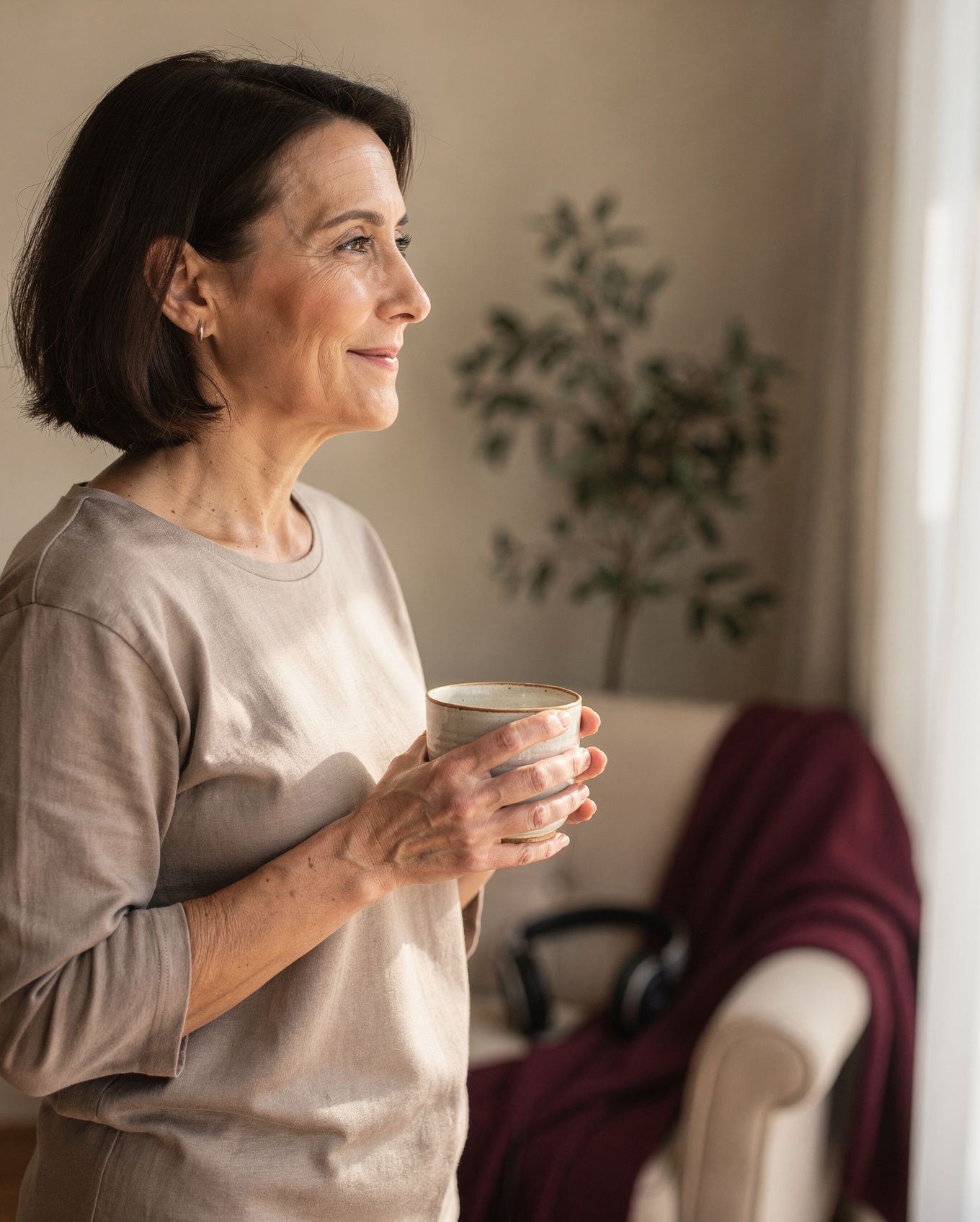 Eine Frau steht mit einer Tasse am Fenster und schaut gelöst hinaus.